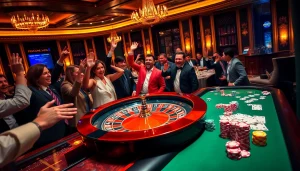 Experience the thrill of winning at okfun.com with an exciting casino scene featuring roulette and poker tables.