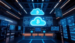 Visual representation of bitcoin cloud mining with digital interfaces and modern technology.
