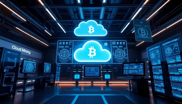 Visual representation of bitcoin cloud mining with digital interfaces and modern technology.