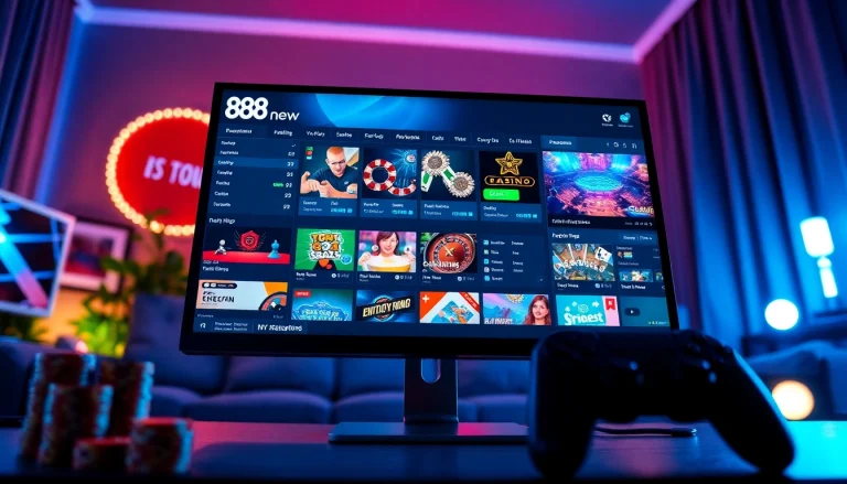 Experience the thrilling features of 888new’s online gambling platform, showcasing diverse games and vibrant digital elements.