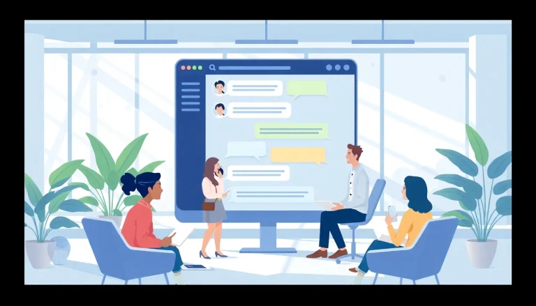 Engaging chat interface showcasing a chatgpt free alternative, depicting users in conversation in a bright office setting.