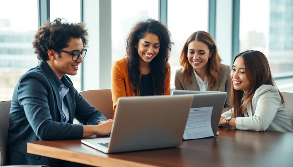 Job seekers discussing new hire jobs in a modern office setting with enthusiasm.
