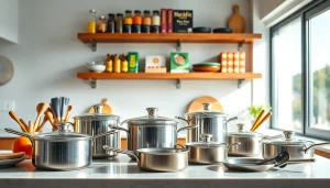 Showcase of kitchenware Auckland with modern cookware and vibrant design elements.