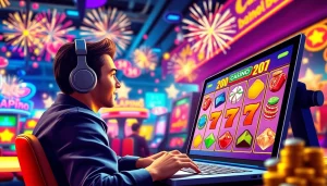Bermain slot online dengan suasana kasino yang meriah dan penuh warna.