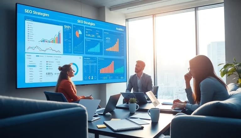 SEO agency professionals collaborating on digital strategy in a vibrant office setting.