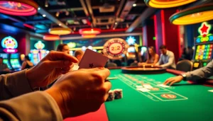 Experience Okfun while playing poker with vibrant chips and exciting cards at a lively casino table.