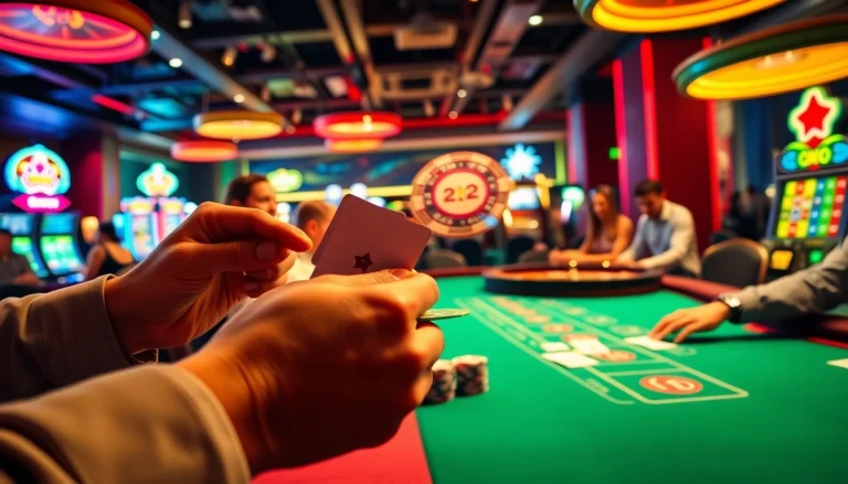 Experience Okfun while playing poker with vibrant chips and exciting cards at a lively casino table.