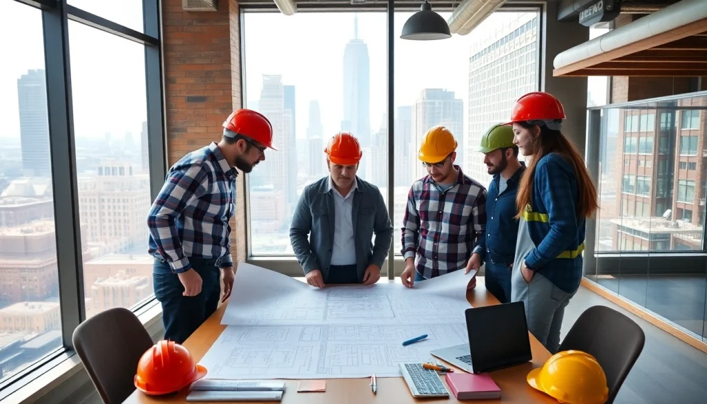 Contractors collaborating on a project showcasing the role of New York General Contractor in a high-rise building.