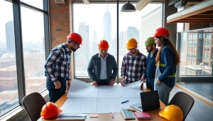 Contractors collaborating on a project showcasing the role of New York General Contractor in a high-rise building.