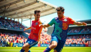 Dynamic scene of players wearing cheap football kits, illustrating vibrant colors and energetic play.