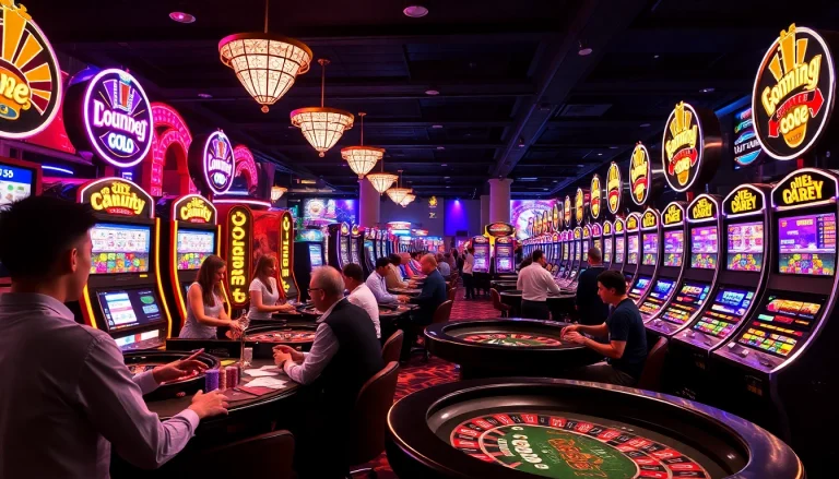 Casino scene showcasing KJC AC 2 with players at roulette tables and slot machines.