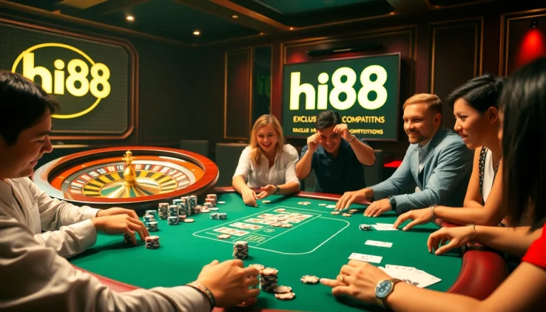 Experience the thrill of poker at Hi88, with vibrant chips, focused players, and an exciting roulette backdrop.