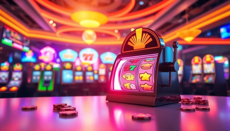 Jelajahi link tank4d toto slot dengan slot machine cerah dan suasana kasino yang hidup.