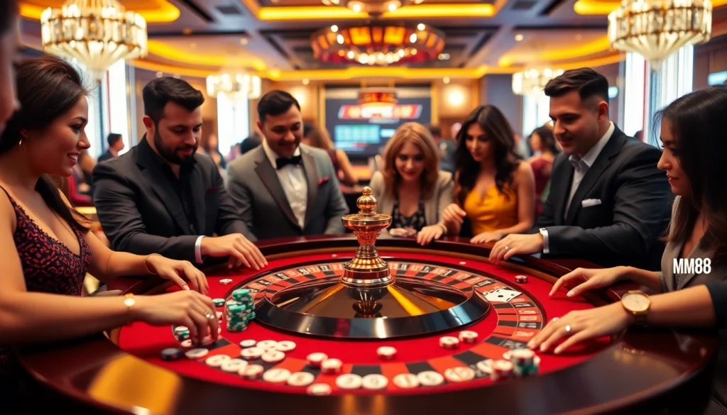 Exciting casino gaming experience at MM88 with vibrant roulette table and engaged players.