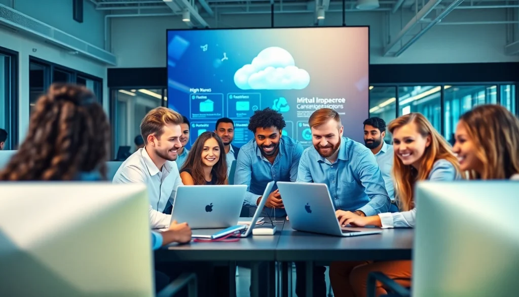 Collaborating professionals utilizing Virtual Desktop Infrastructure (VDI) in a high-tech office environment.