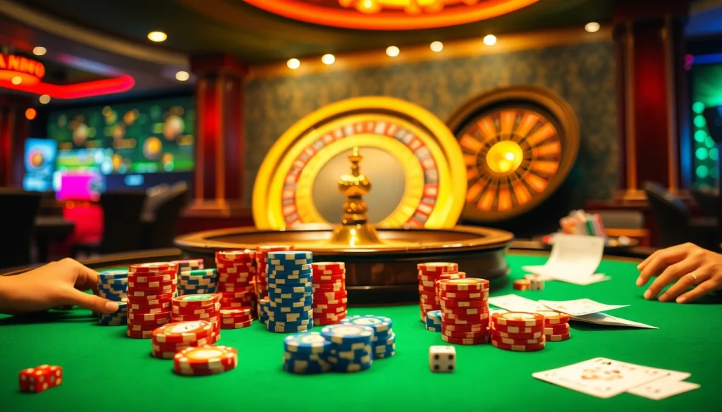 Experience the thrill of poker at trang hi88, with vibrant chips and dice enhancing your casino adventure.