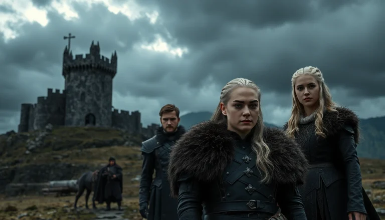 The Game of Thrones cast showcases iconic characters in a dramatic medieval setting