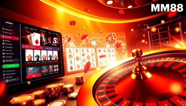 Experience the MM88 thrill with an engaging online casino game interface showcasing poker and roulette.