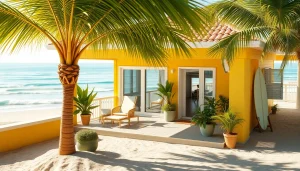 Relaxed coastal cabana near the beach with inviting yellow exterior and vibrant palm trees.