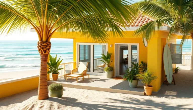 Relaxed coastal cabana near the beach with inviting yellow exterior and vibrant palm trees.