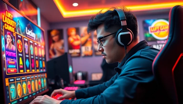 Main gamer enjoying luxury777 slot game in a vibrant gaming setup with dynamic atmosphere.