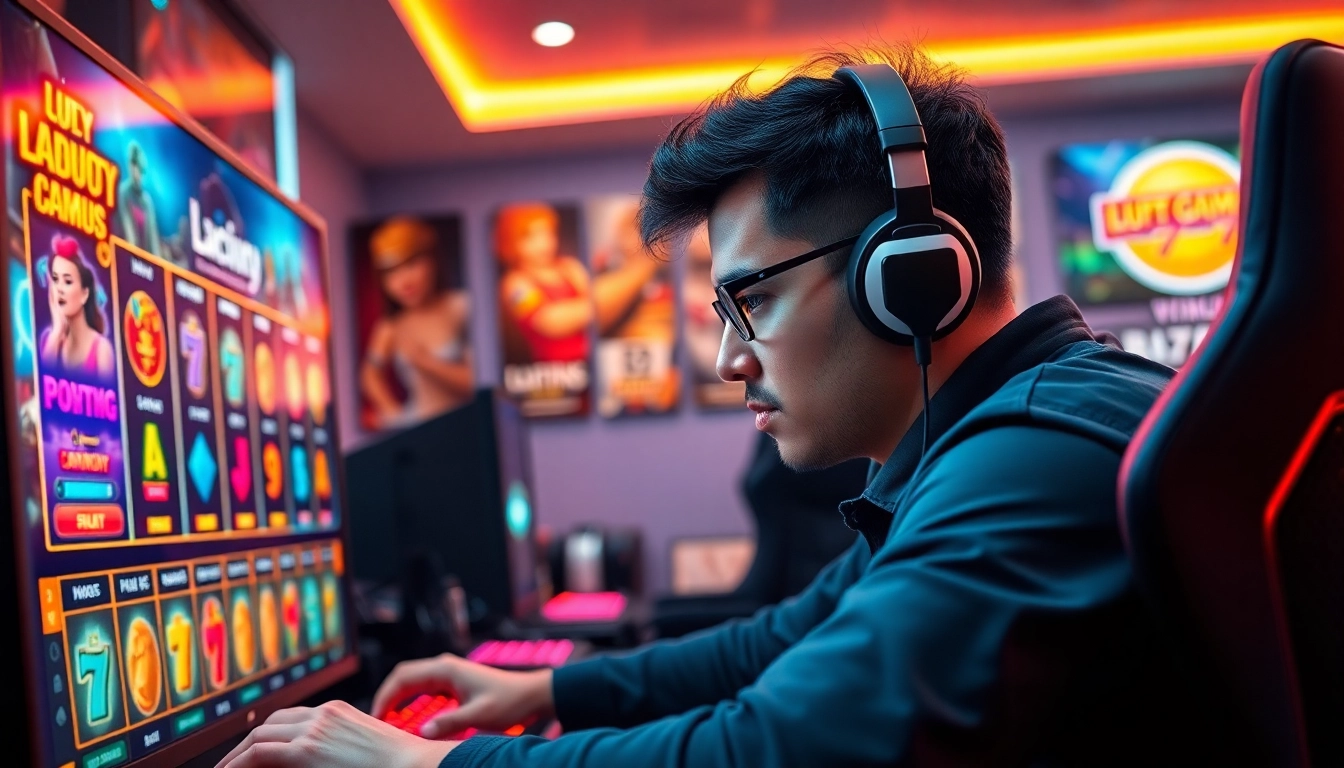 Main gamer enjoying luxury777 slot game in a vibrant gaming setup with dynamic atmosphere.