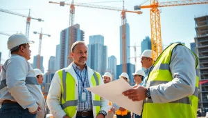 New York Construction Manager collaborating on-site at a busy construction project in Manhattan.