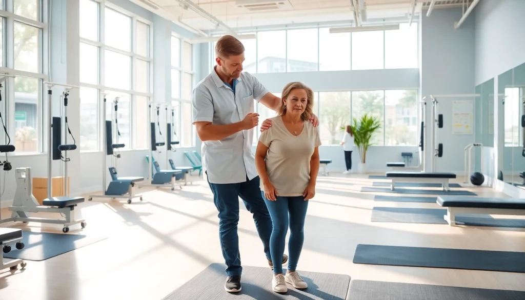 Engagement in Health in Motion Rehabilitation with a physical therapist and patient in a bright facility.