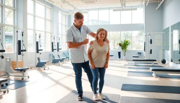 Engagement in Health in Motion Rehabilitation with a physical therapist and patient in a bright facility.