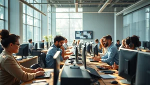 Engaged professionals working in a bright typing center, showcasing teamwork and collaboration.