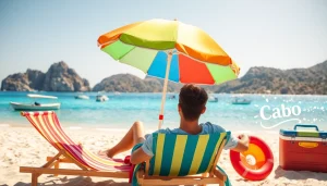 Experience budget travel Cabo with a couple enjoying a sunny beach day, surrounded by vibrant colors and relaxing vibes.