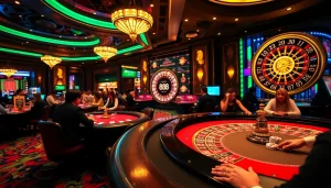 Engage in thrilling casino activities at mm88, featuring players at dynamic blackjack tables and spinning roulette wheels.