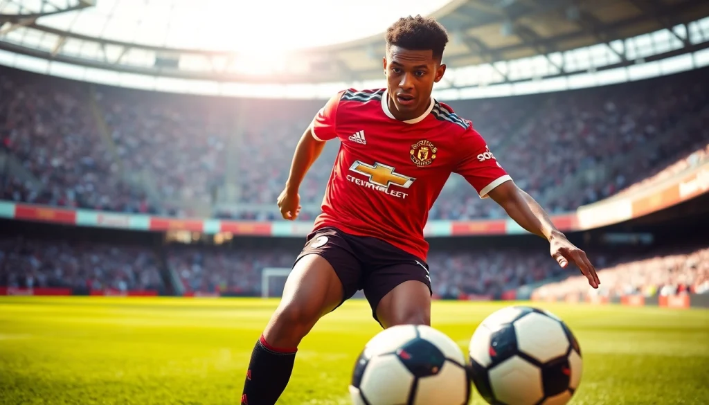Anthony Martial skillfully dribbling on the football pitch at https://diknews.co.uk/anthony-martial/ with vibrant colors.