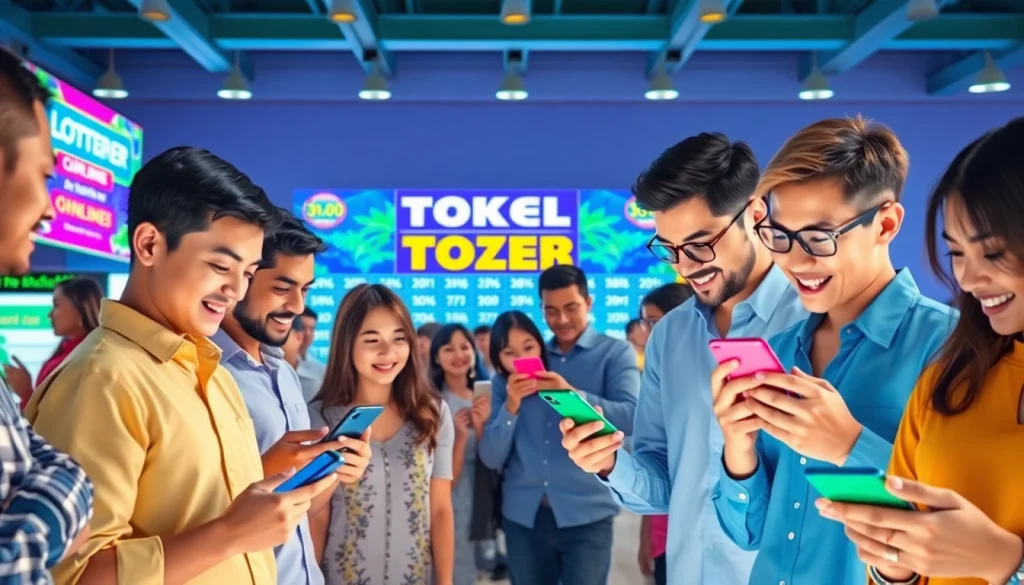 Menampilkan pemain bersemangat saat bermain togel online dengan perangkat digital di latar belakang cerah.