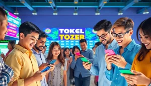 Menampilkan pemain bersemangat saat bermain togel online dengan perangkat digital di latar belakang cerah.