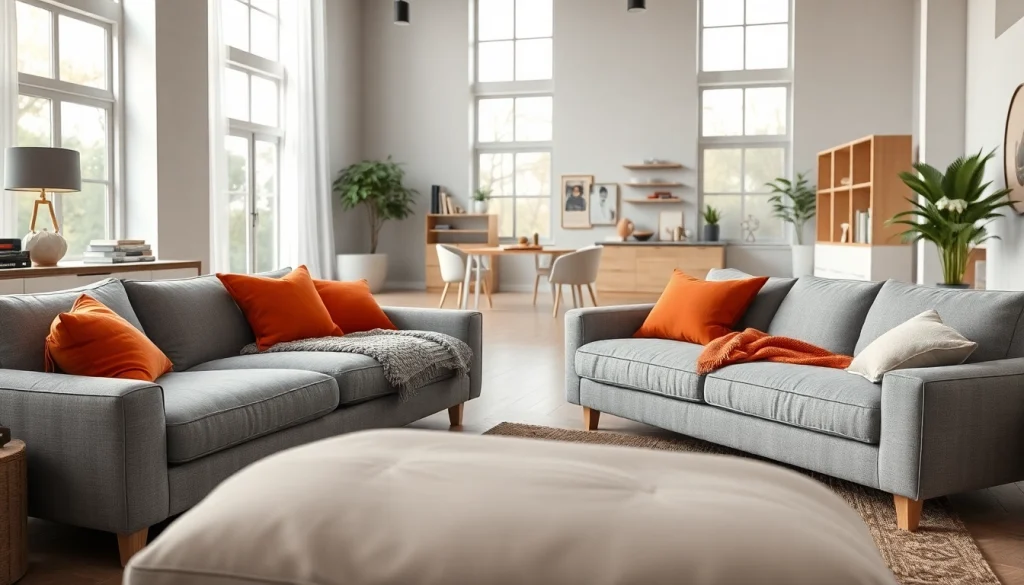 Chic sofa beds enhancing modern living space with cushions and warm lighting.
