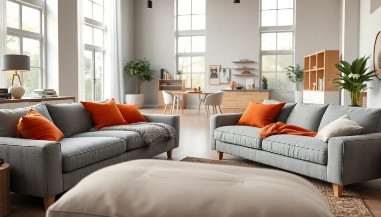 Chic sofa beds enhancing modern living space with cushions and warm lighting.