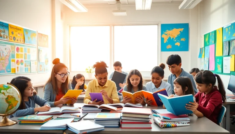 Engaged students in an interactive Education environment, collaborating with books and technology.