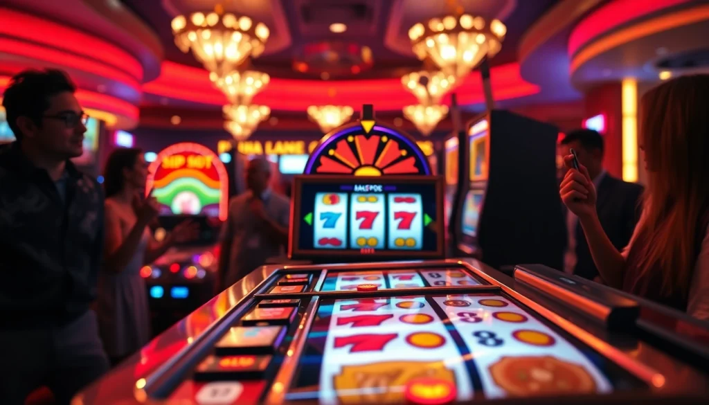 Bermain dan menang di agen toto slot, mesin slot berwarna-warni dengan suasana kasino yang meriah.