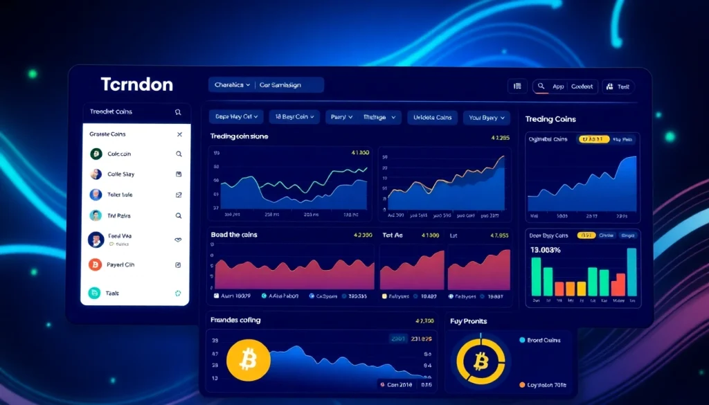 Trending Coins listing displays dynamic charts and tokens, emphasizing market insights and analysis.
