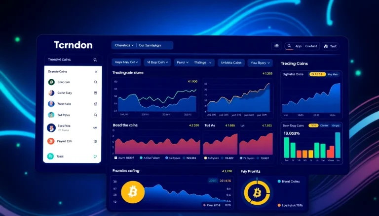 Trending Coins listing displays dynamic charts and tokens, emphasizing market insights and analysis.