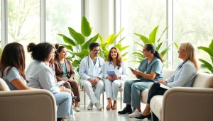 Illustration showcasing health professionals assisting patients in a serene clinic environment.