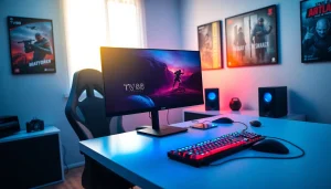 Showcase of a TV88 gaming monitor set up in a modern gaming workspace for enthusiasts.