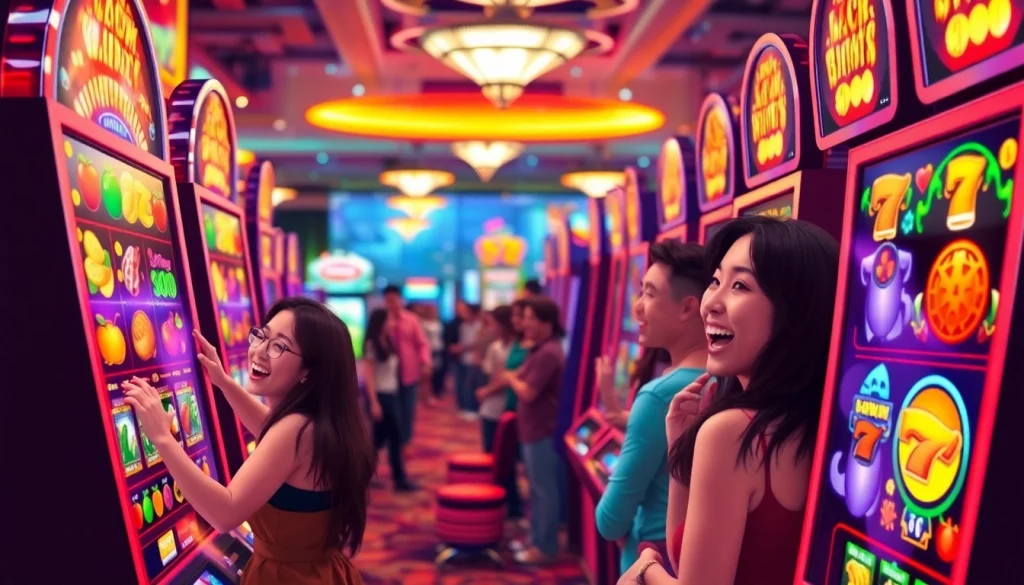 Permainan situs slot yang menggembirakan dengan pemain penuh semangat di kasino