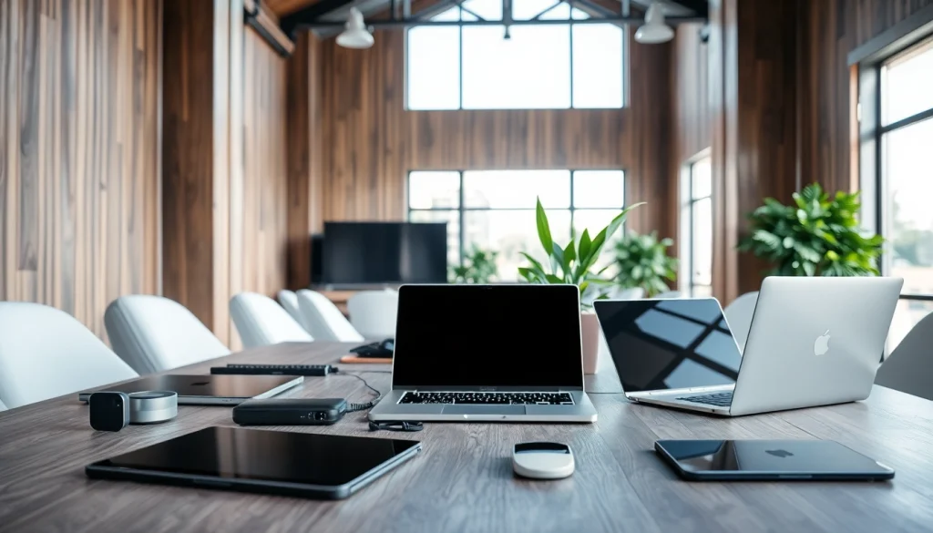 Engaging workspace showcasing technology and modern devices in a bright environment.