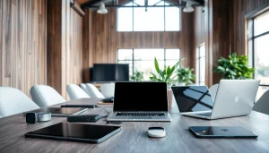 Engaging workspace showcasing technology and modern devices in a bright environment.