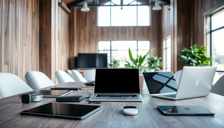 Engaging workspace showcasing technology and modern devices in a bright environment.