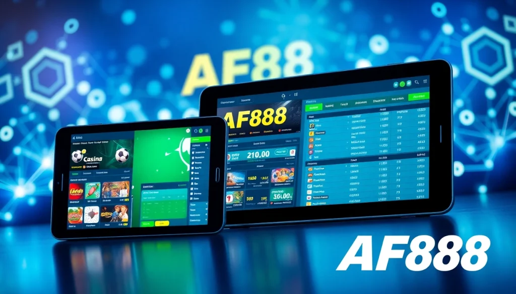 AF88 online betting interface displayed on smartphones and tablets, showcasing diverse gaming options and bonuses.