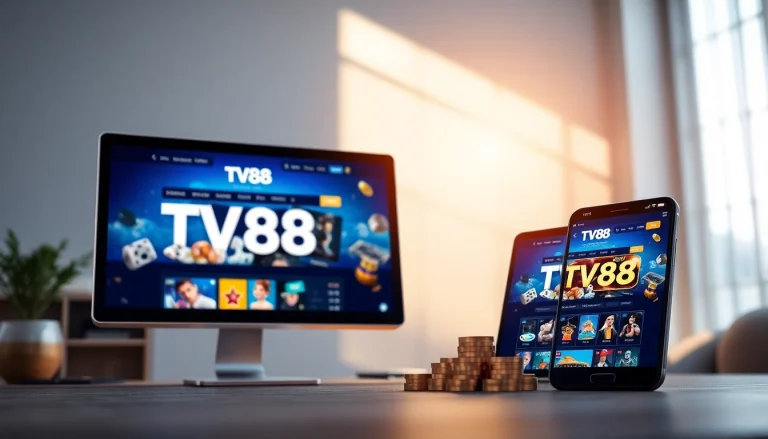 TV88 online gaming platform interface shown on desktop and mobile devices, highlighting user-friendly design.