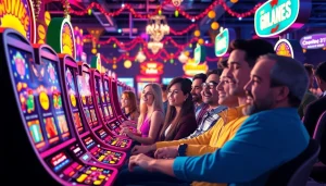 Permainan slot online yang menarik dengan mesin slot berwarna-warni dan pemain yang antusias.